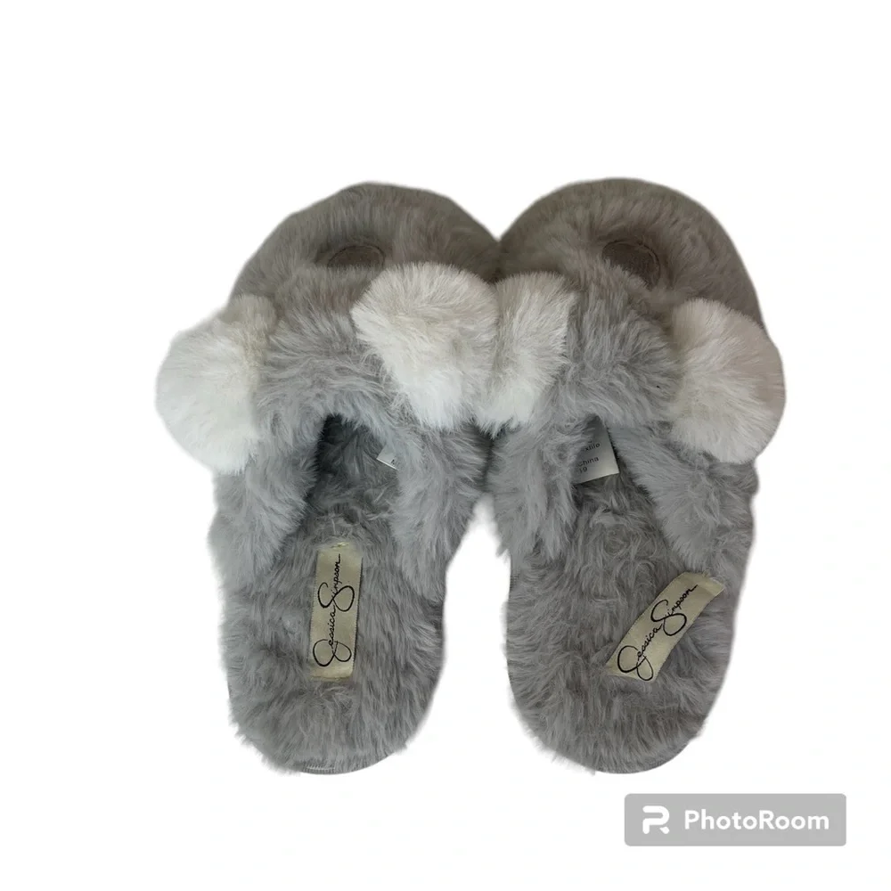 Jessica Simpson Girls Plush Fluffy Slip-on House Slippers Gray Size L 2-3